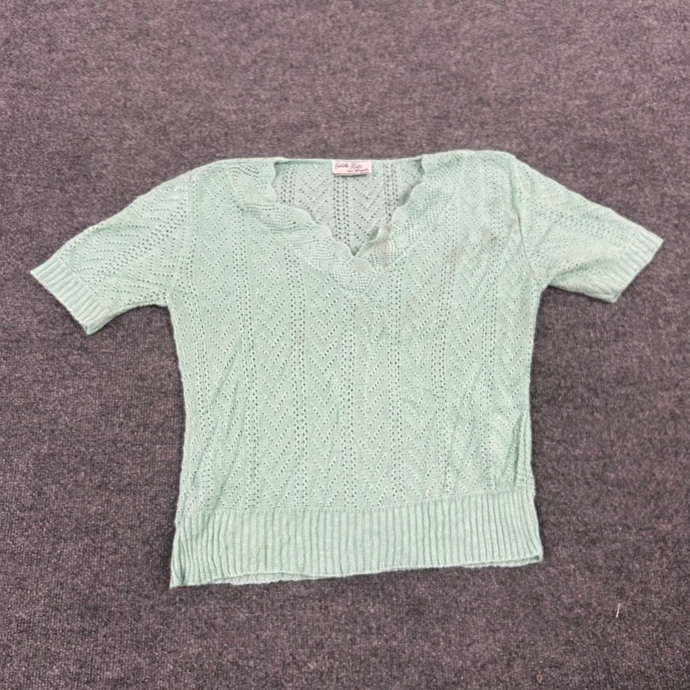 Cuddle Knit Sweater Womens Size L Seafoam Green Pointelle Scalloped V-Neck Top